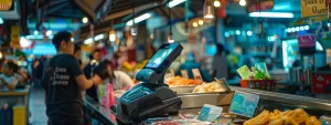 a vibrant market stall showcasing a variety of products with contactless payment devices prominently displayed.